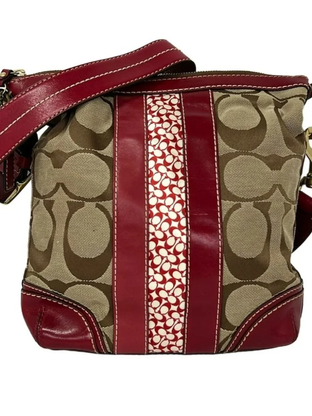 COACH Hampton Stripe Medium Duffle Shoulder Bag 10542 Dark Brown Beige Bordeaux